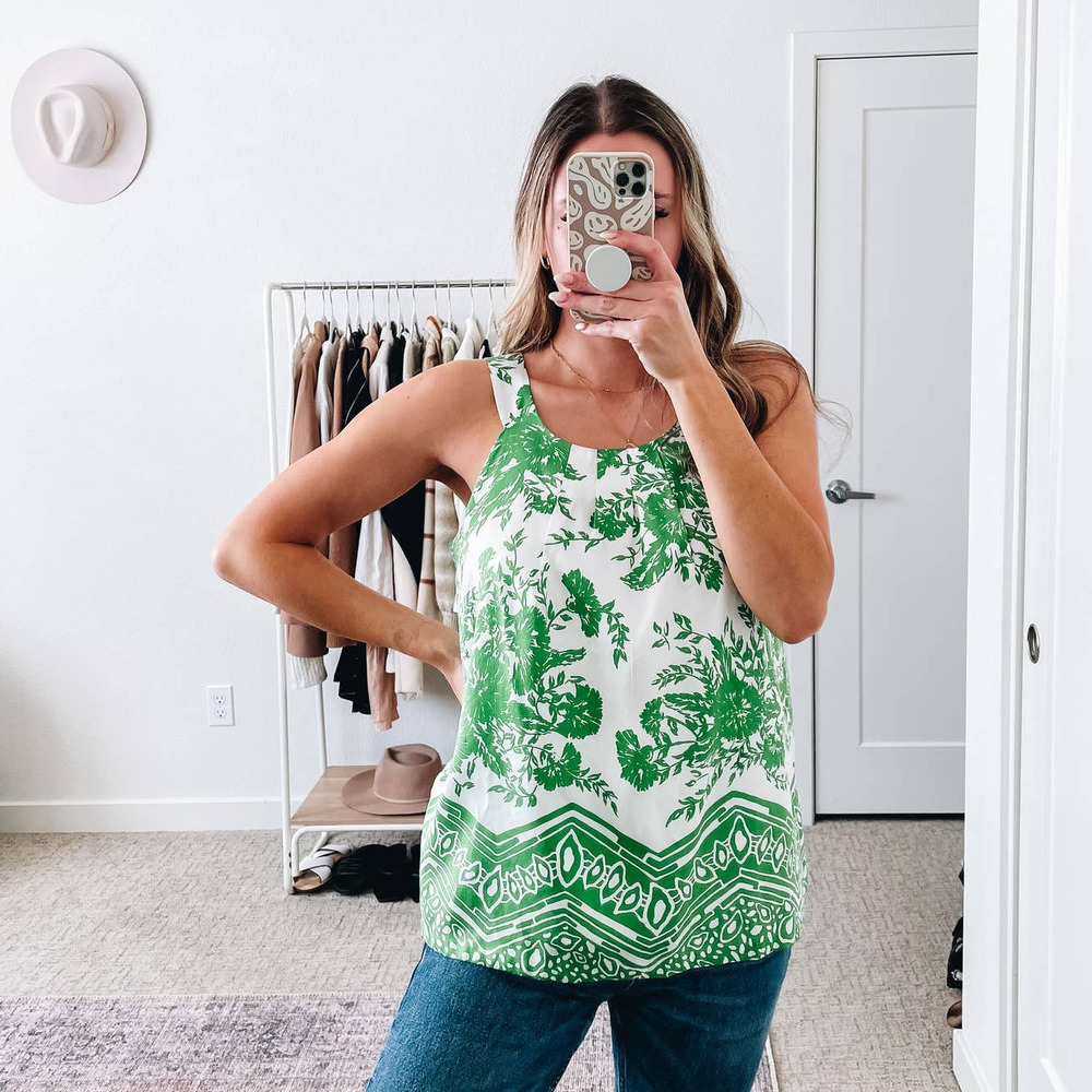 TIBI Green White Floral Silk Tank Top GUC Sz 6